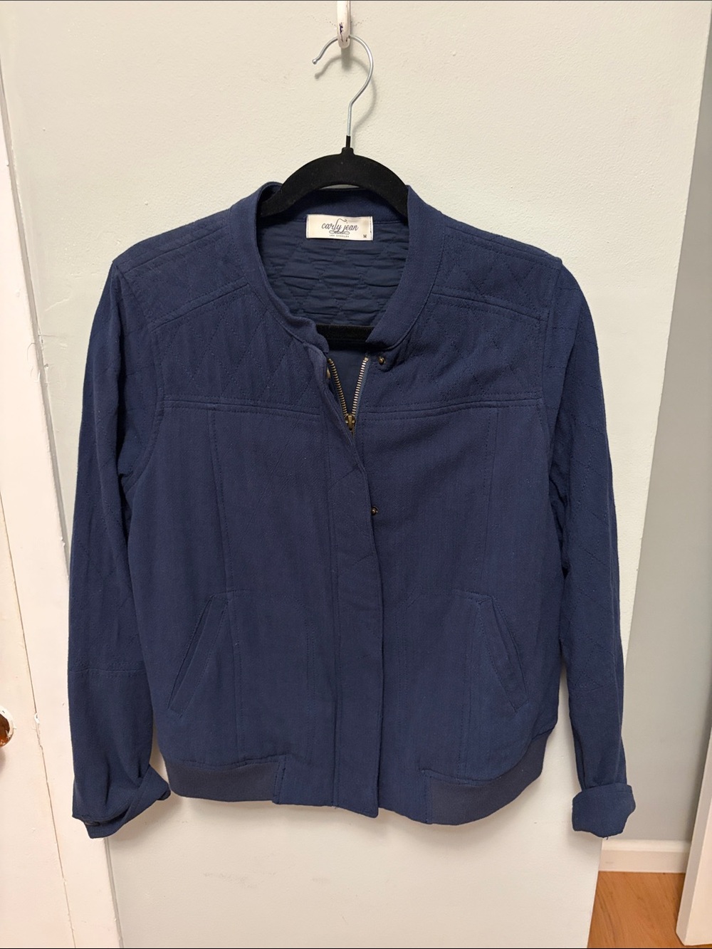 Carly Jean Los Angeles Quilted Dark Blue Bomber Jacket